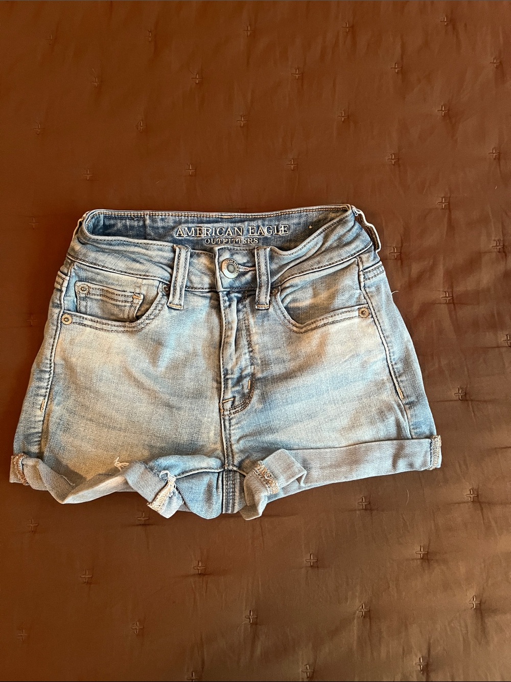 American Eagle Outfitters Light Blue High-Rise Rolled Hem Denim Shorts